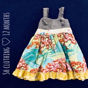 Knot strap dress w/ green floral accented skirt